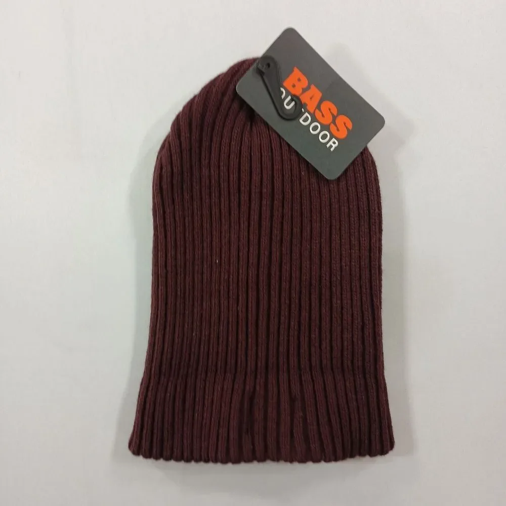 Bass Outdoor Logo Ribbed-Knit Stretch Beanie Womens One Size Fig Red Brown‎ NEW